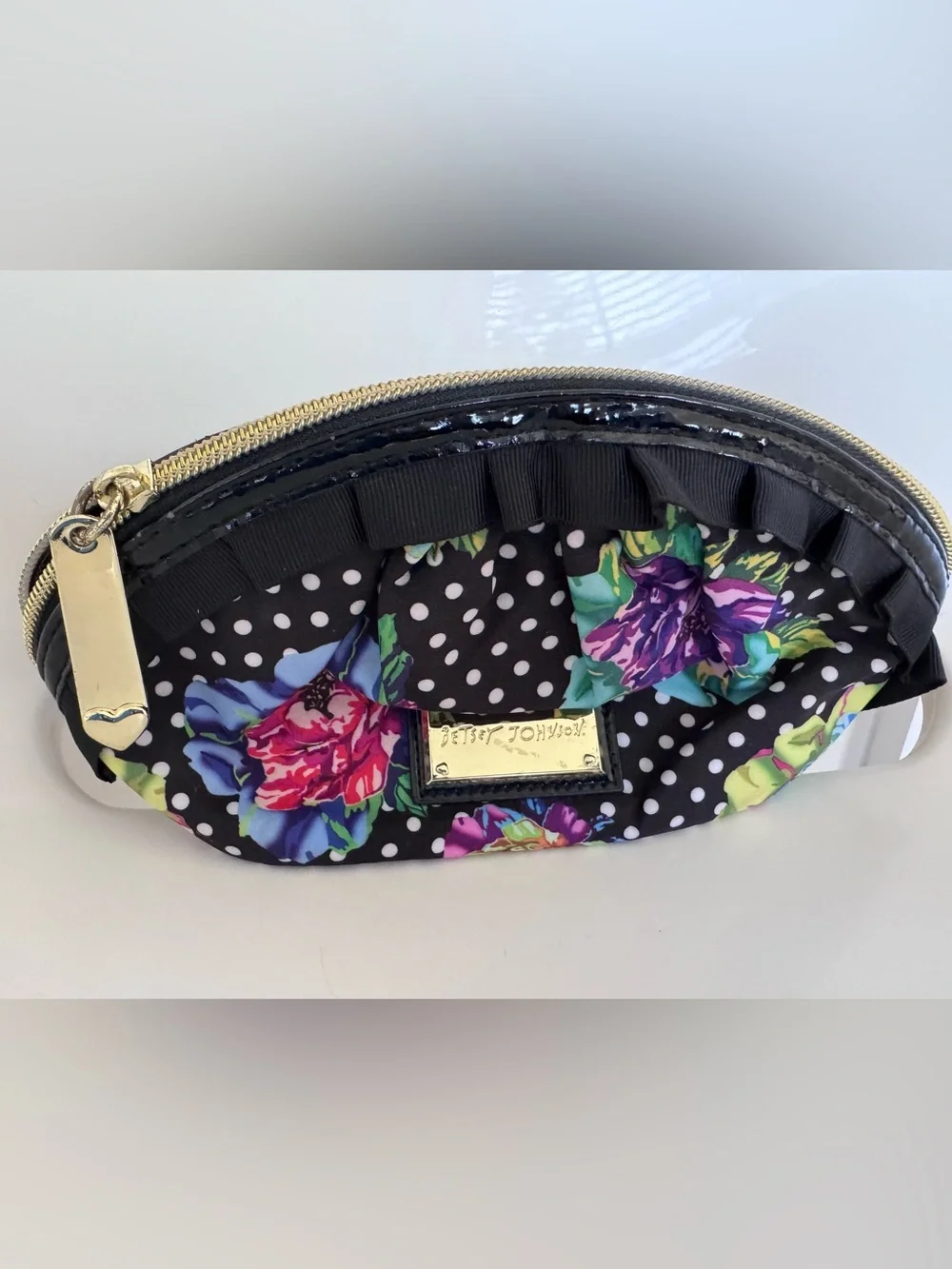 Betsey Johnson Floral Polka Dot Ruffle Cosmetic Makeup Bag Travel Zip Pouch Case
